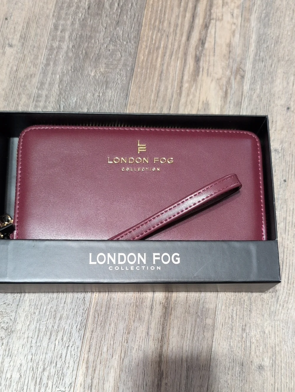 London Fog Burgundy Zip-Around Ester Wallet with Gold Logo